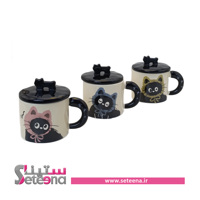 ماگ کرم و مشکی گربه در دار کد M10023$